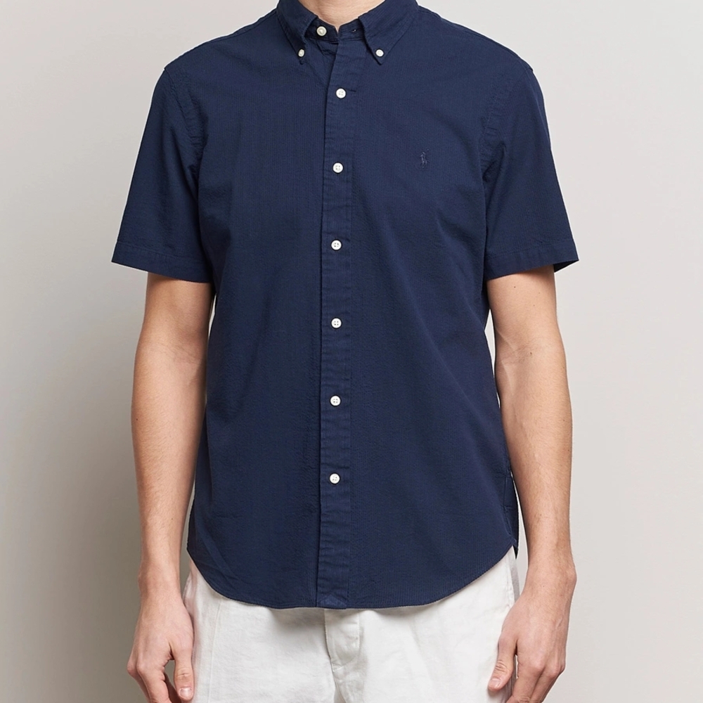 Ralph Lauren Men's Medium Seersucker Navy Blue Short Sleeve Shirt